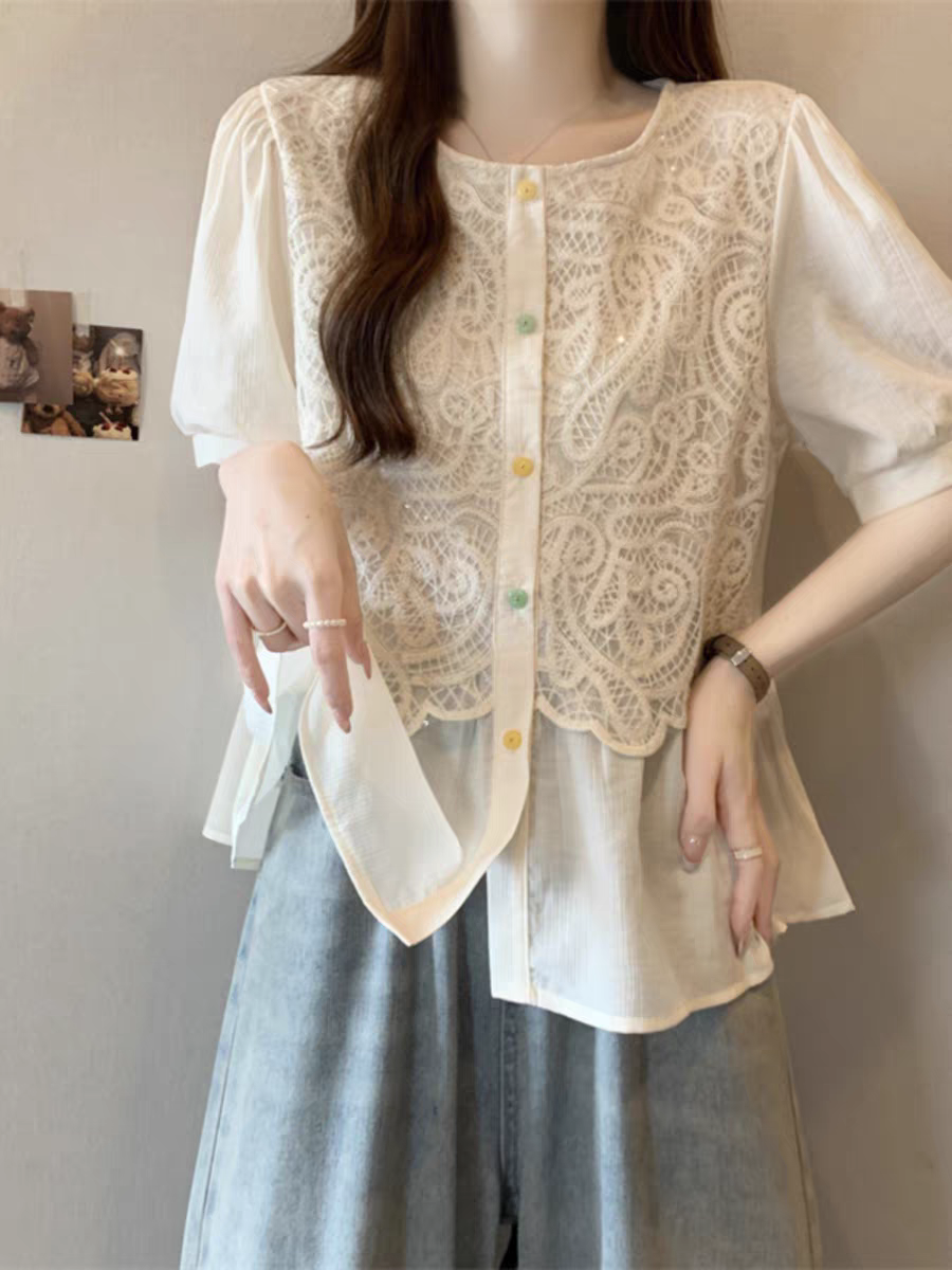 蕾丝拼接短袖衬衫女夏季新款假两件上衣遮肉显瘦