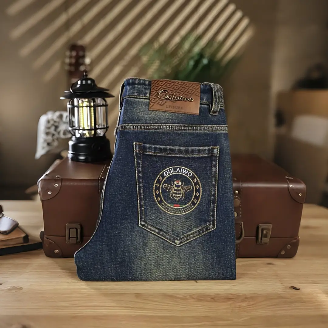 蜜蜂秋冬厚款九分裤高端欧货刺绣牛仔裤时尚百搭弹力直筒男裤子