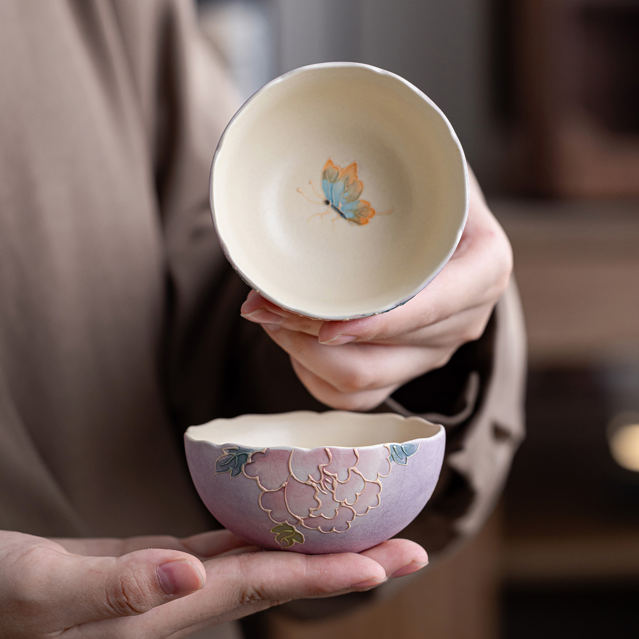 亘古粉引紫烟牡丹普洱杯荷盏杯女士品茗功夫茶具茶杯泡茶堆绘喝茶