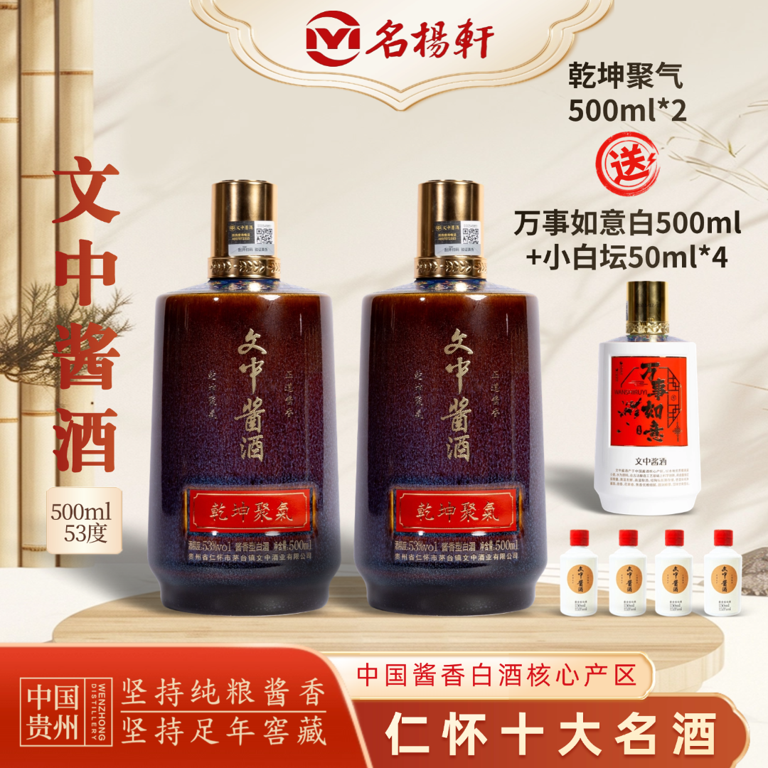 文中酱酒乾坤聚气双支装送礼纪念收藏摆柜自饮53%Vol500ml