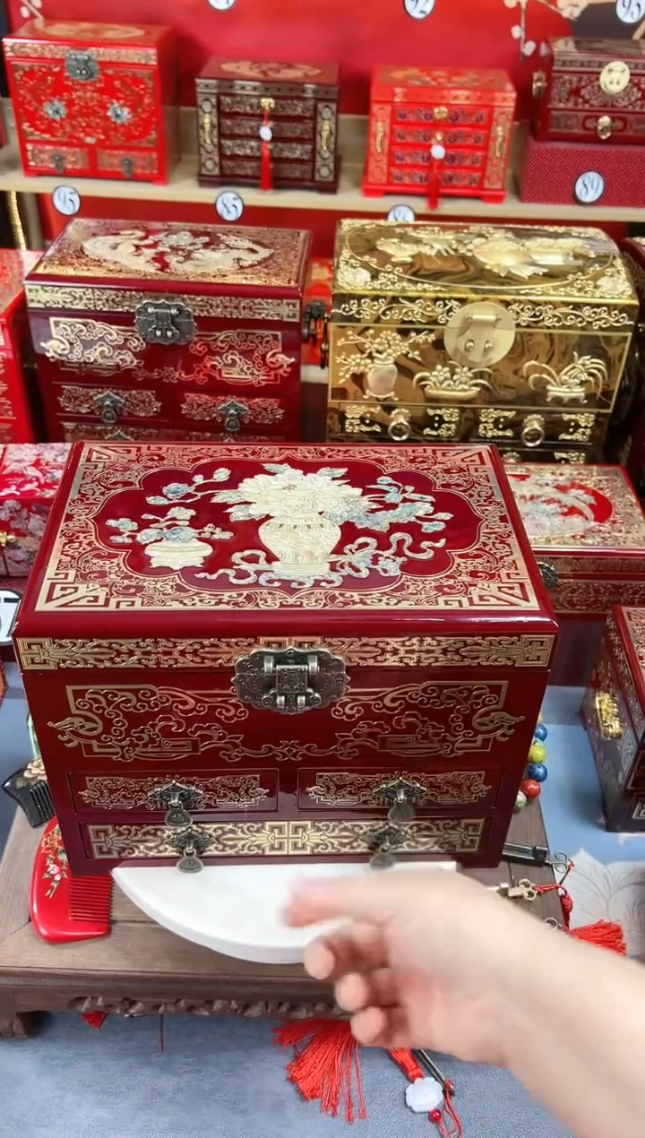 【闪购商品】28厘米新款四层三抽掐丝螺钿深红色平安