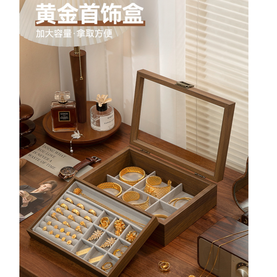 首饰盒/箱 新款胡桃木黄金饰品珠宝收纳盒精致柜台道具戒指项链盒