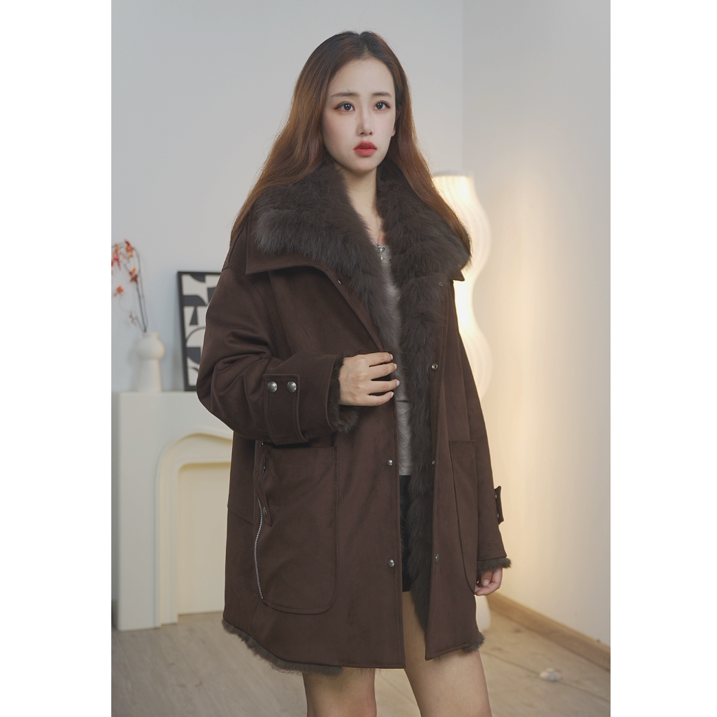 2025秋冬新款狐狸毛皮毛一体兔毛麂皮绒大衣皮草外套中长款宽松
