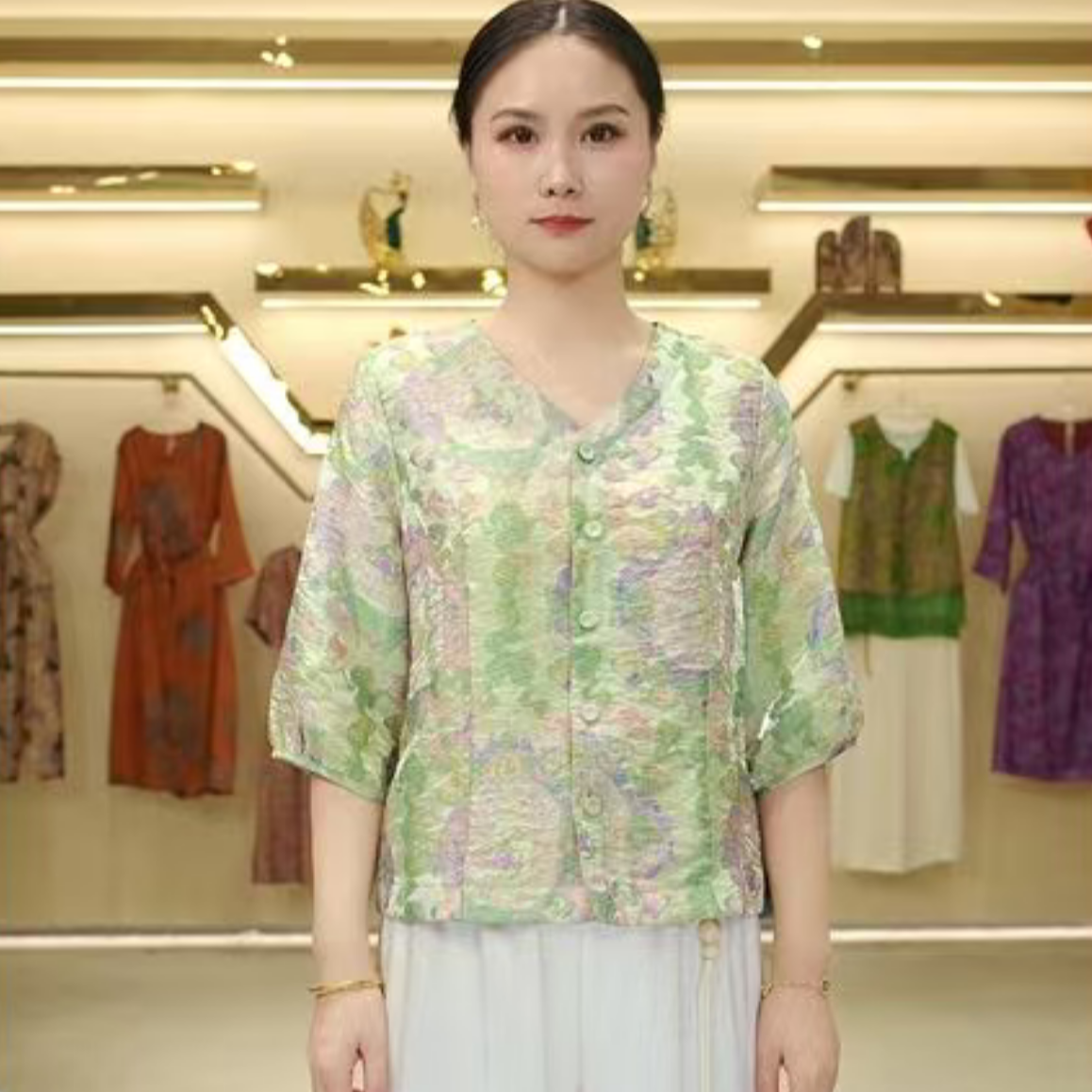 【青云宝瑞】 新中式国风气质宽松显瘦翻领长款女士小衫GH004