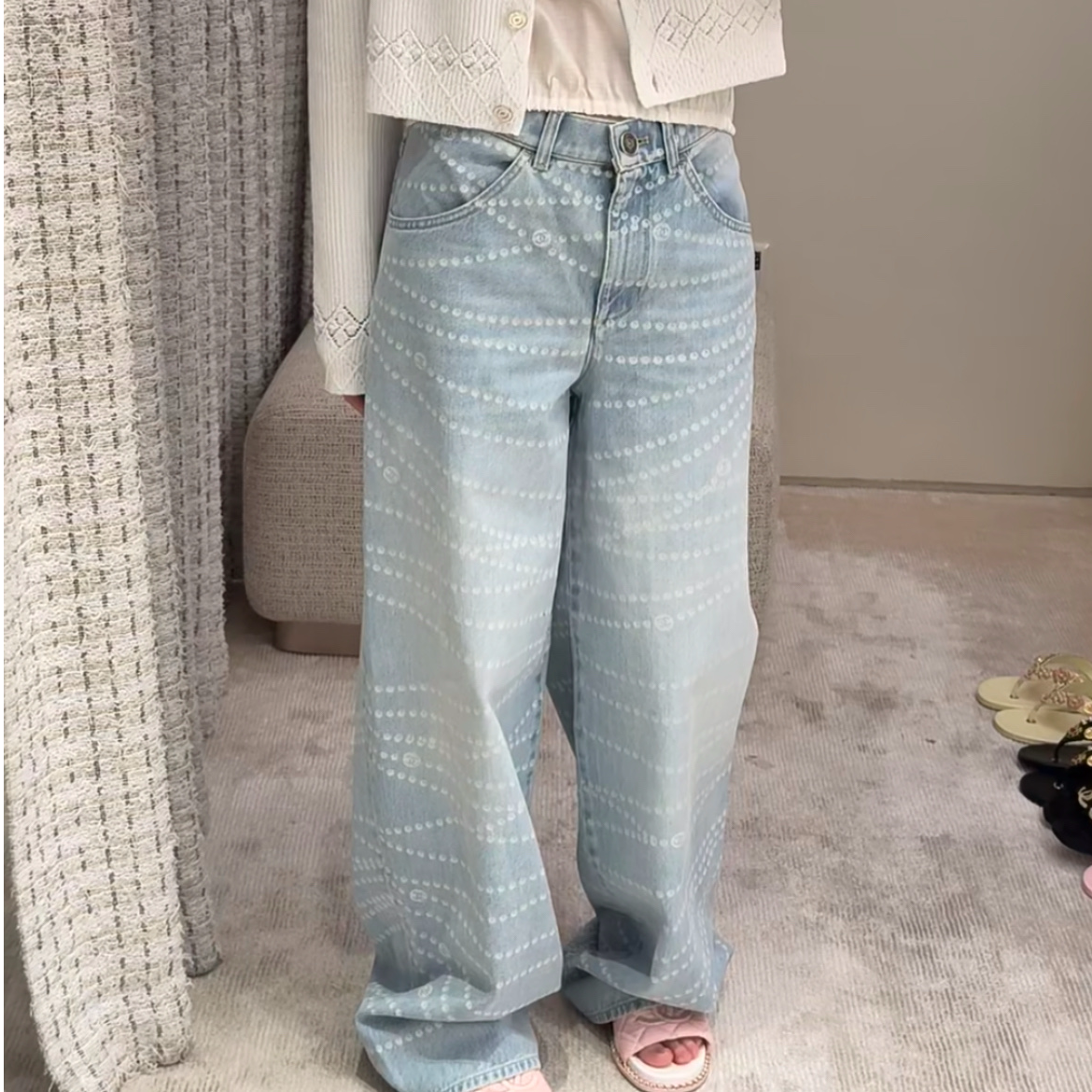 未使用 Chanel/香奈儿 25P春夏蓝白印花水洗牛仔裤/40尺码