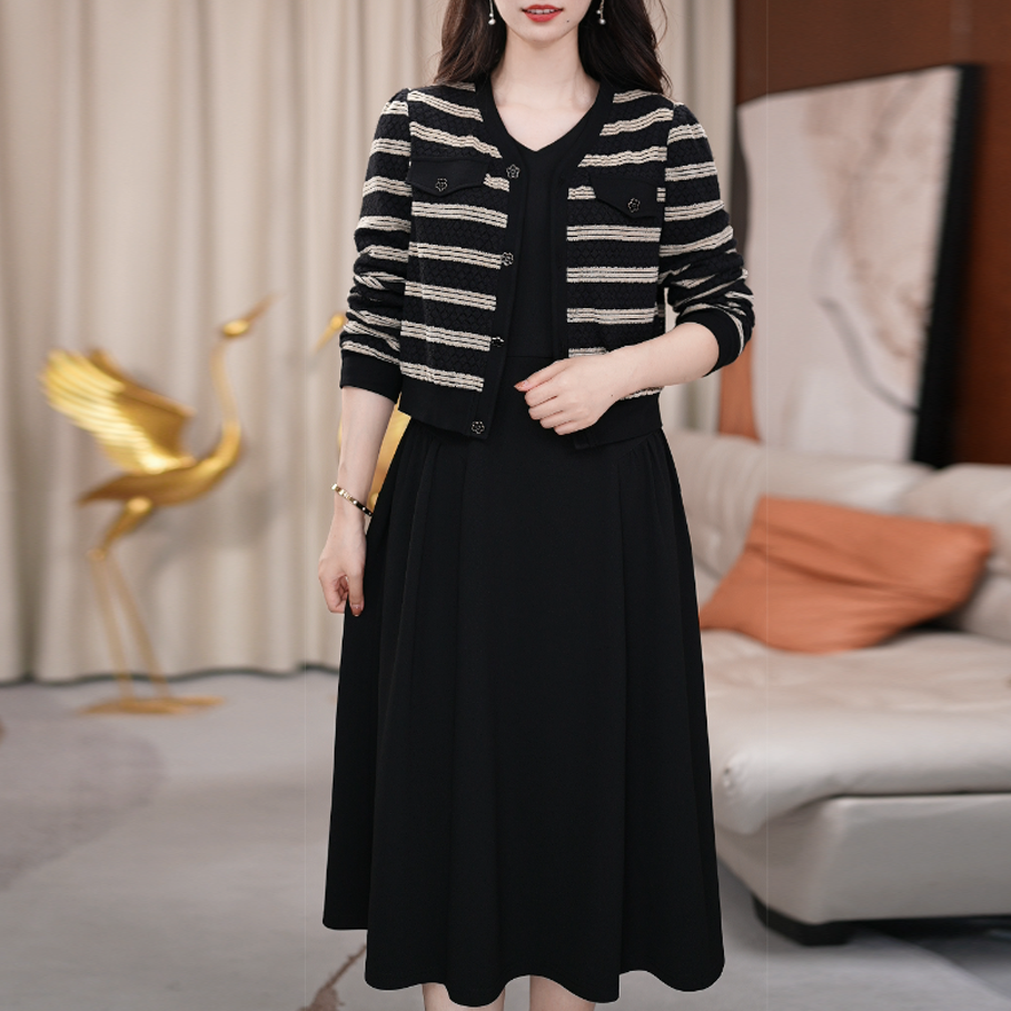 两件套连衣裙黑色显瘦气质长袖洋气时尚收腰中长款显瘦气质洋气