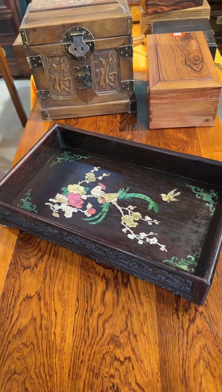 【闪购商品】木木艺邵氏紫檀长尾鸟茶盘238.888