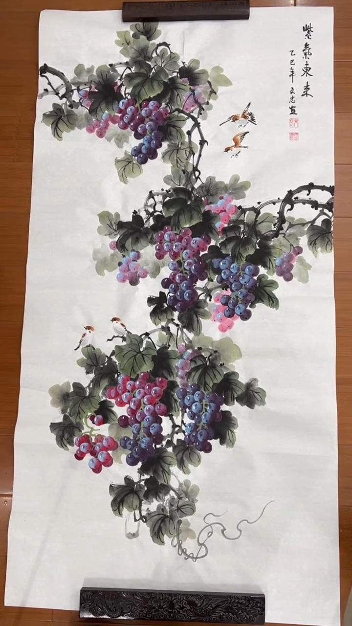 国画【福利，纯手工手绘】张文忠葡萄竖版138*68厘米