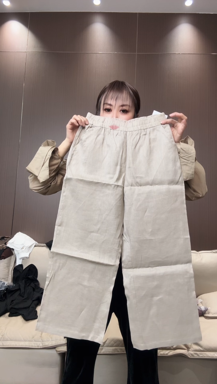 米色麻裤L码大漂亮