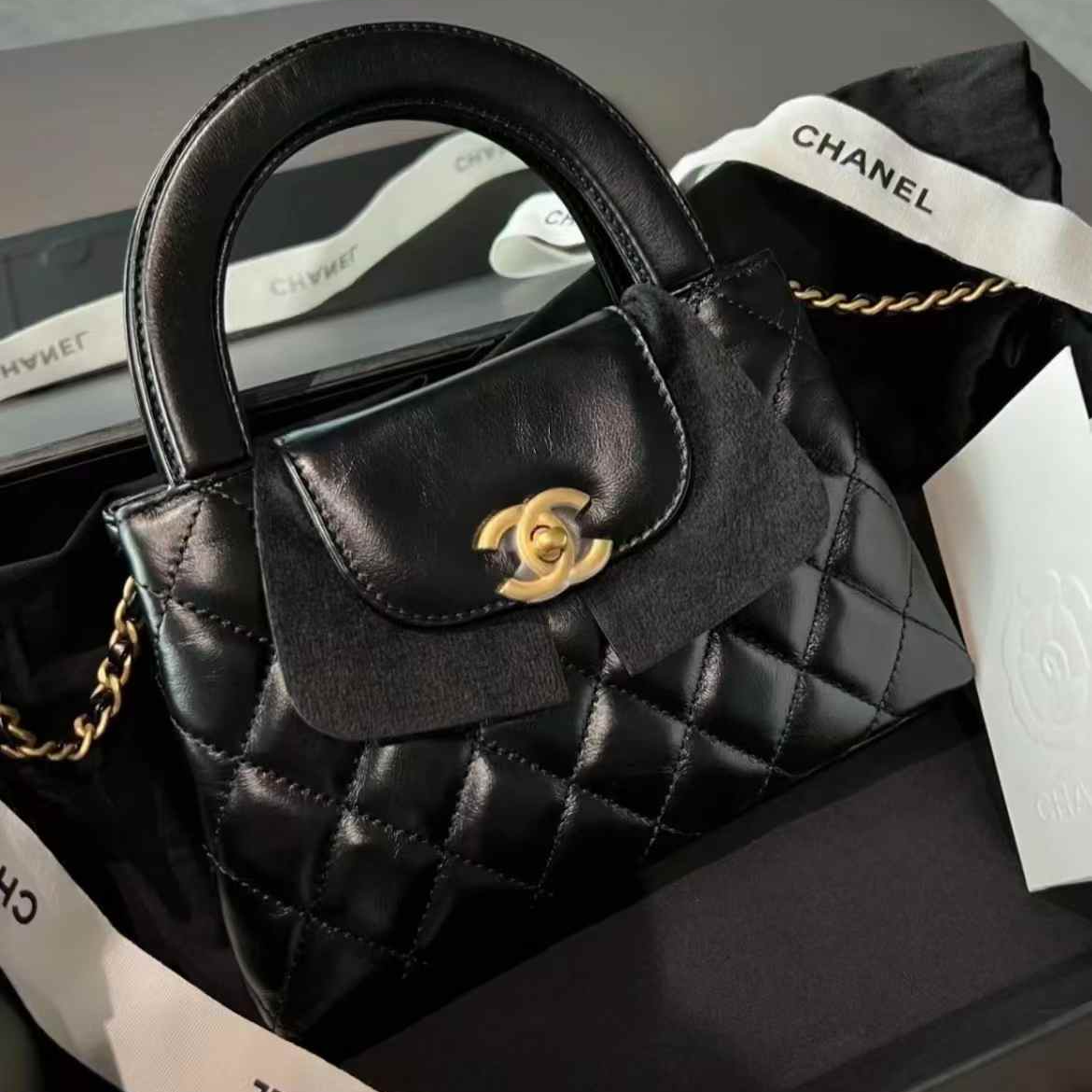 未使用 Chanel/香奈儿 蔚蓝中古/26C 黑金Kelly油蜡手提包 大号