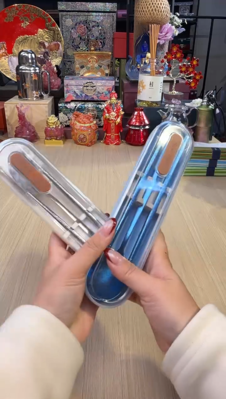 38便携式纯钛筷勺（银+蓝）