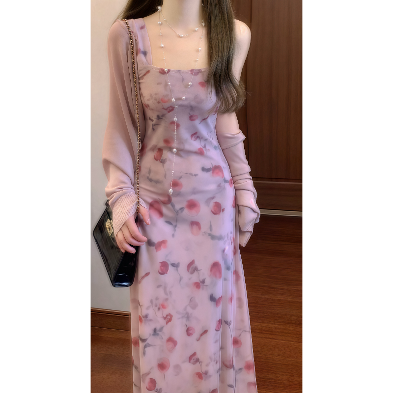 薄柿粉晕染弹力网纱碎花吊带连衣裙女夏季长裙&防晒空调开衫9335