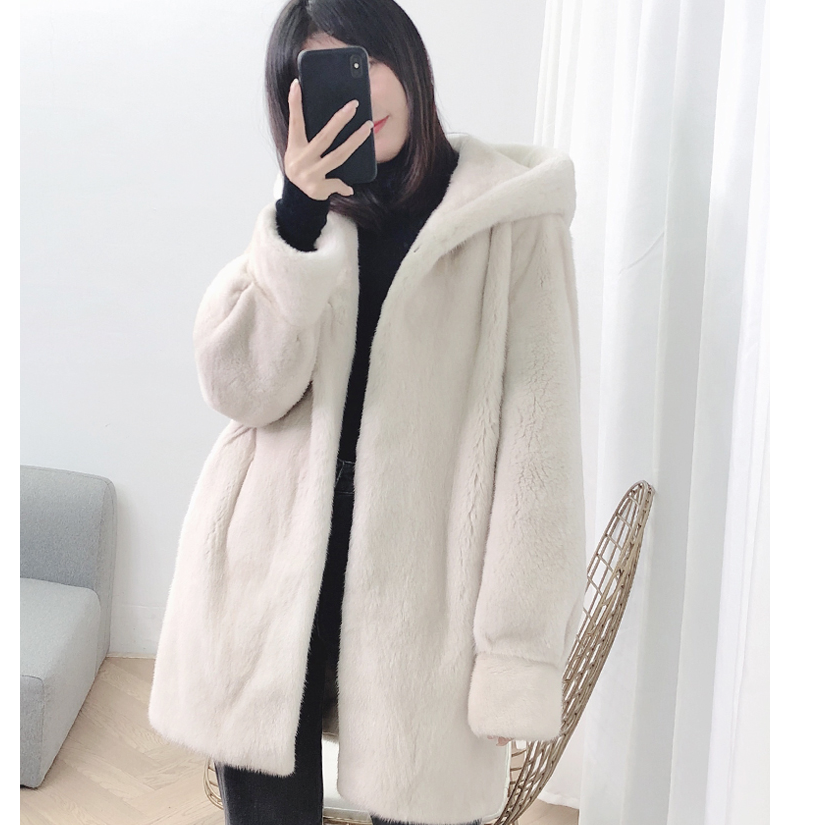 进口天鹅绒级水貂皮草外套女休闲百搭中长款连帽冬季