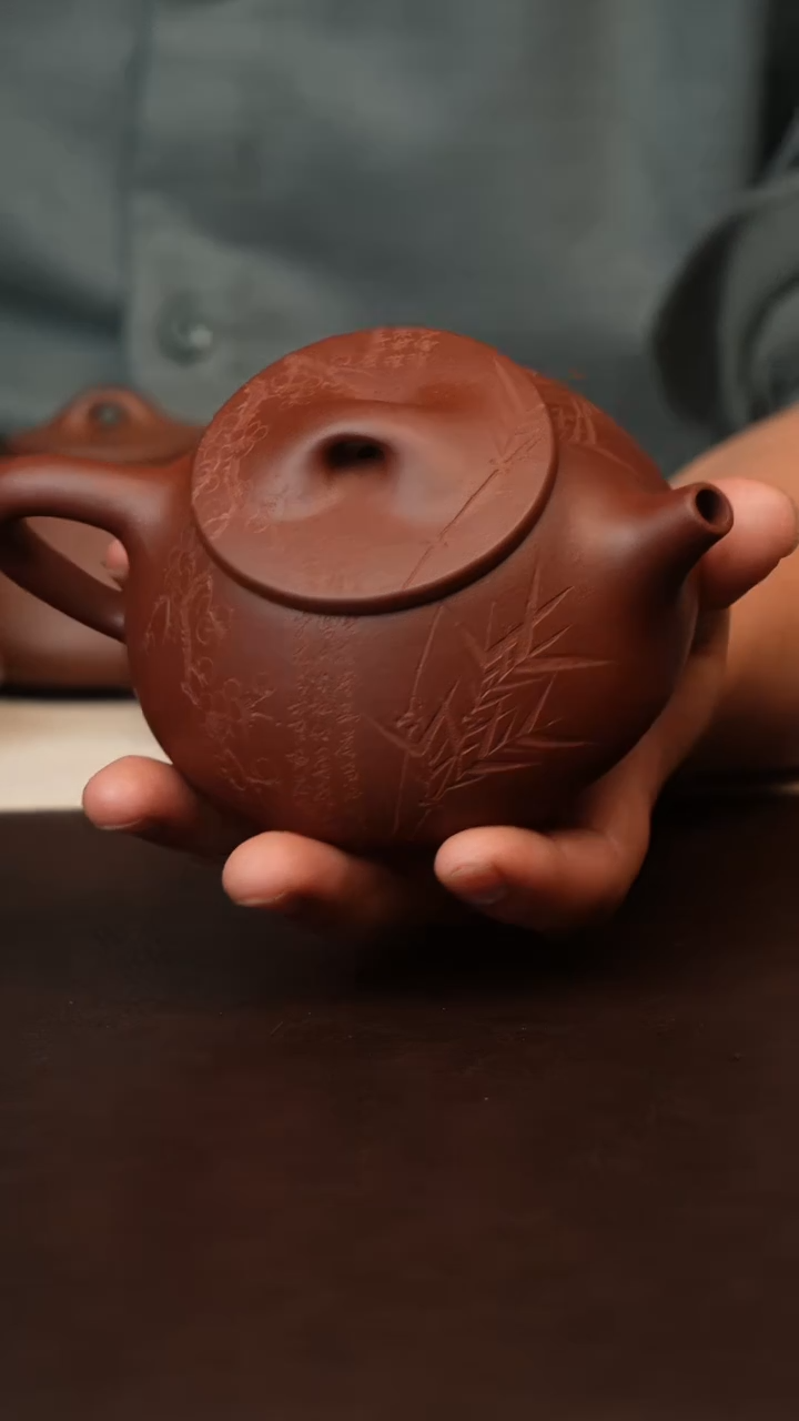 茶壶紫砂原矿紫砂刻绘岁寒三友
