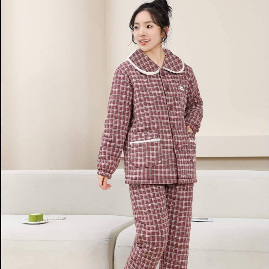 2025女士冬季格子夹棉轻薄新款加绒中厚修身显瘦保暖女家居服套装