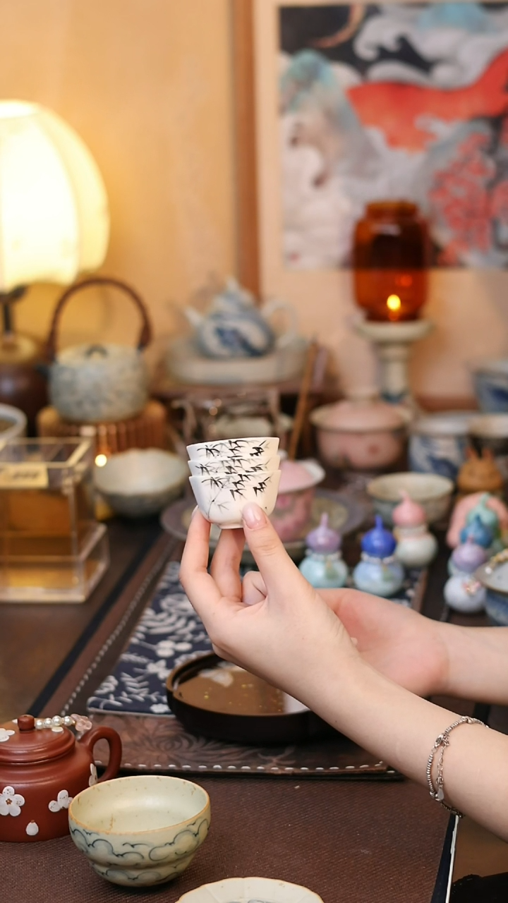 手绘墨竹品茗杯3个