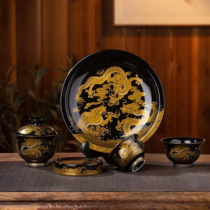 景德镇手工手作釉下彩乌金釉描金龙纹高端陶瓷茶具套装
