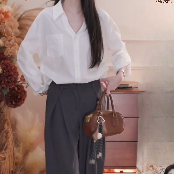 老钱风白色长袖衬衫女新款高级感宽松小众衬衣C5978