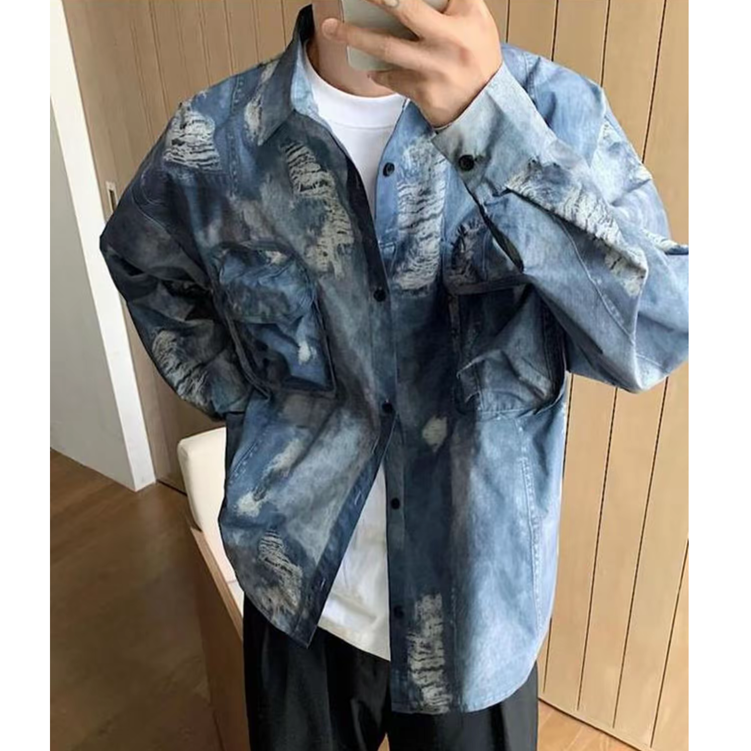 sj长袖衬衫春季新款男士休闲日系简约衬衣设计感宽松1069