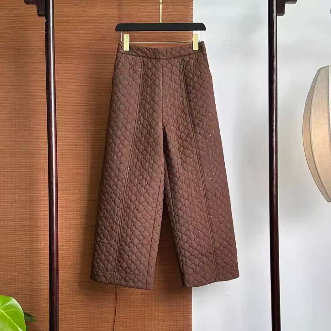 菱形格新款气质百搭加棉加厚高腰直筒裤