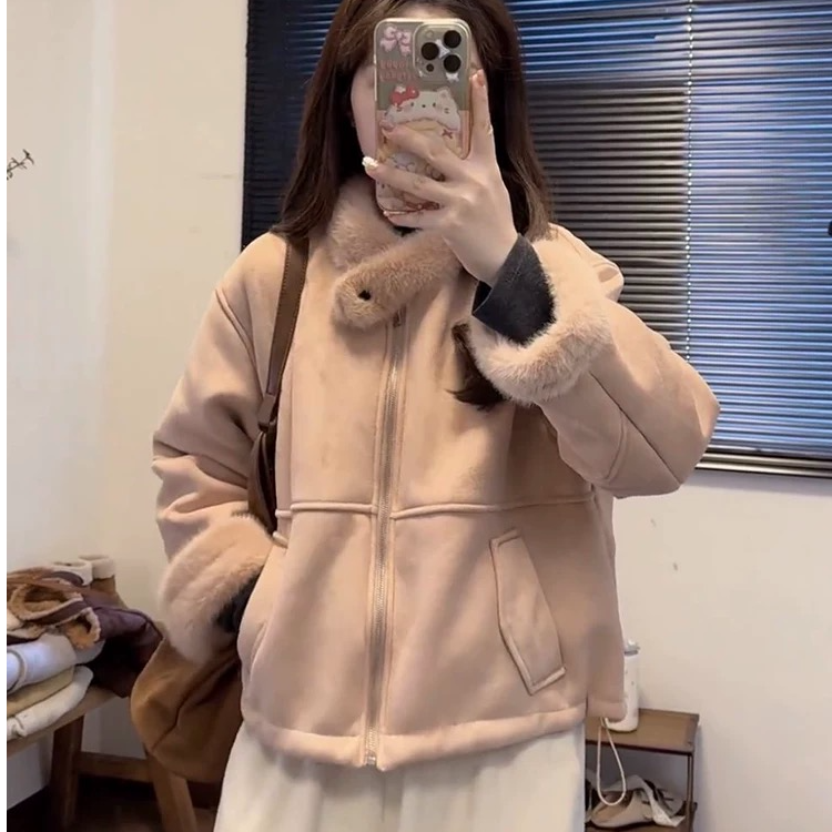 飞飞家~美拉德复古穿搭~毛领麂皮拼接加厚羊羔绒外套#外套女Y9338