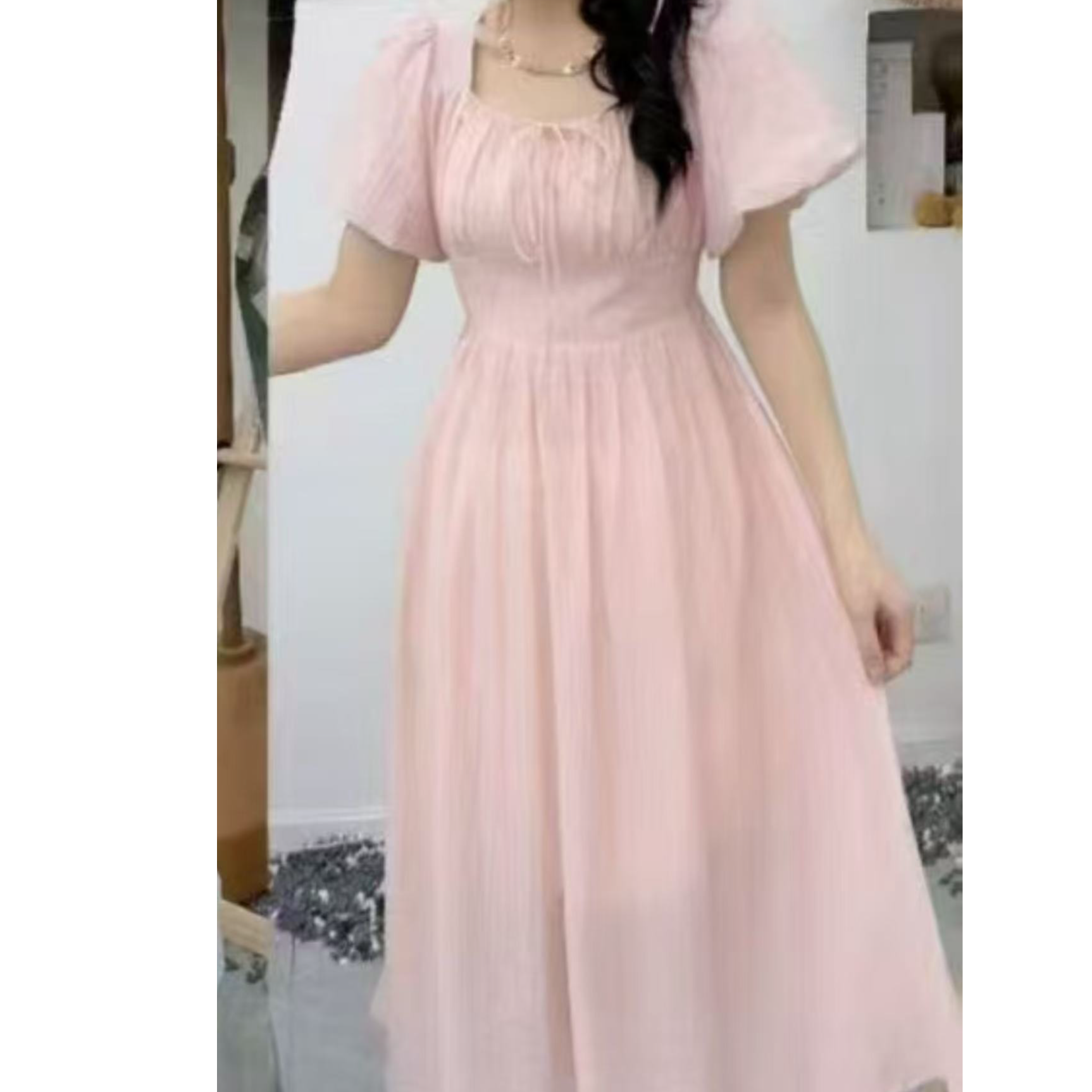 Q698粉泡泡袖气质网纱连衣裙2562