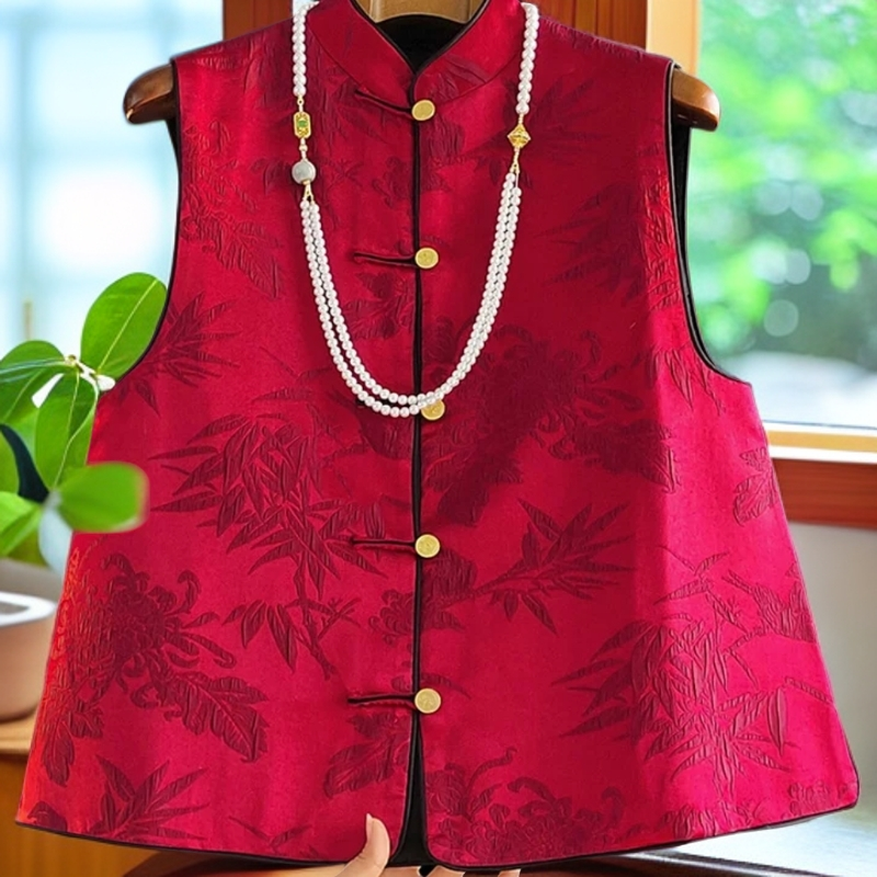 红色新中式提花双面穿马甲女新年红装洋气小个子复古盘扣国风上衣