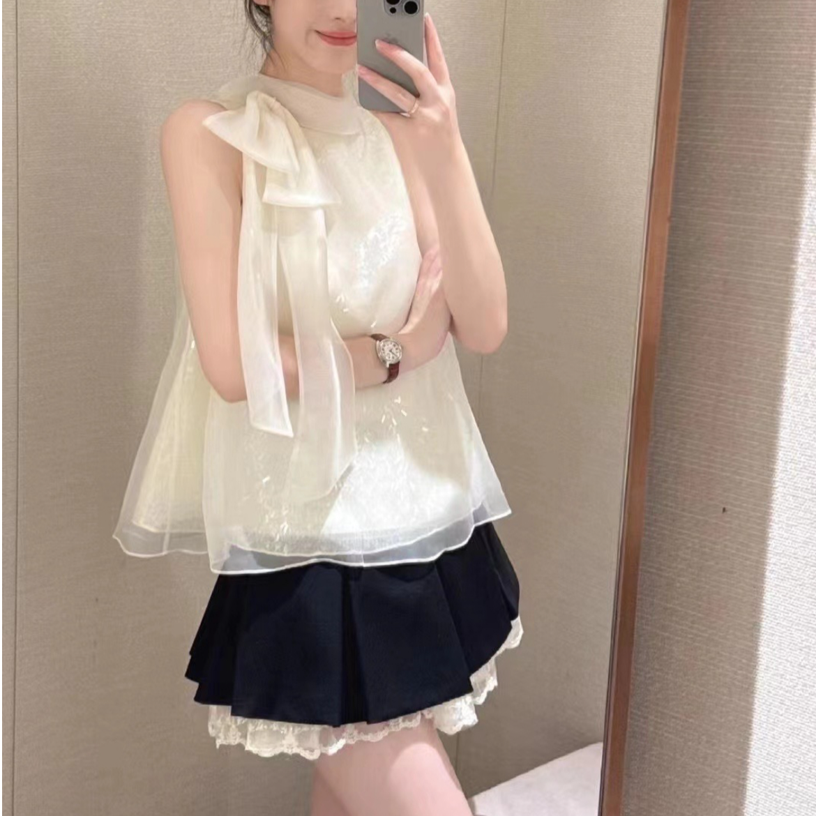 仙气飘飘上衣2025夏季新款设计感蝴蝶结亮片无袖衬衫女【不可水洗】