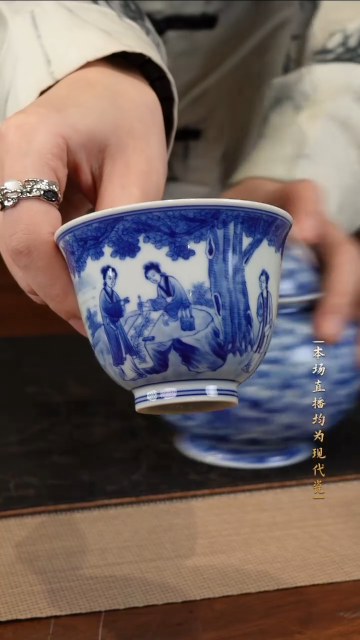 宁封窑青花人物单杯