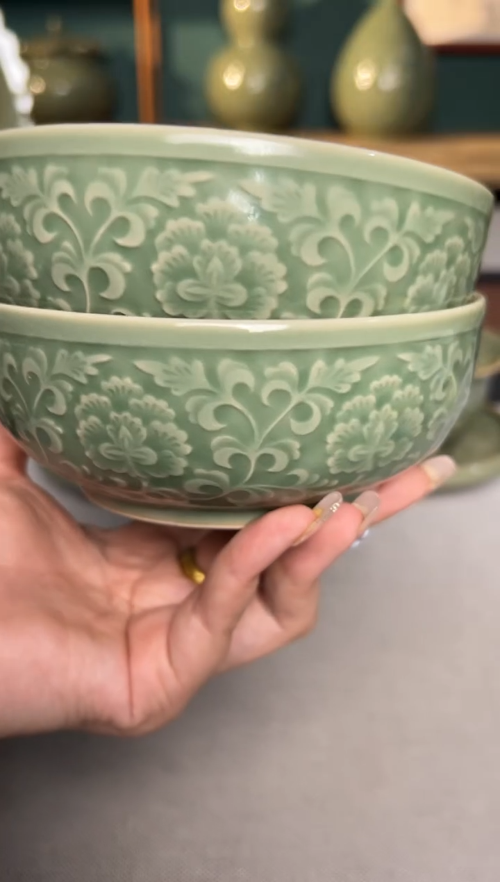 其他耀州窑青釉5寸宫廷牡丹碗2只