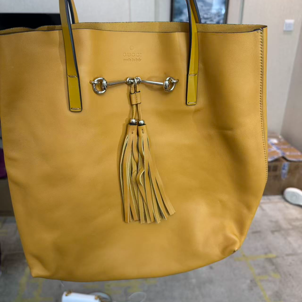95新 GUCCI/古驰 95新马衔扣流苏黄色托特单肩时尚女士包