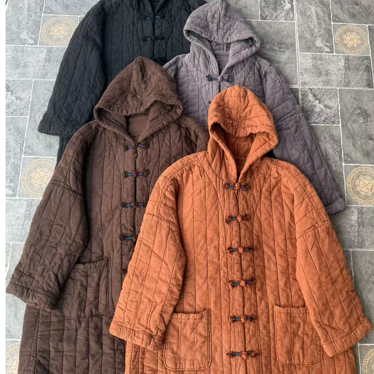 亚麻炒色 带帽长款棉衣 2630