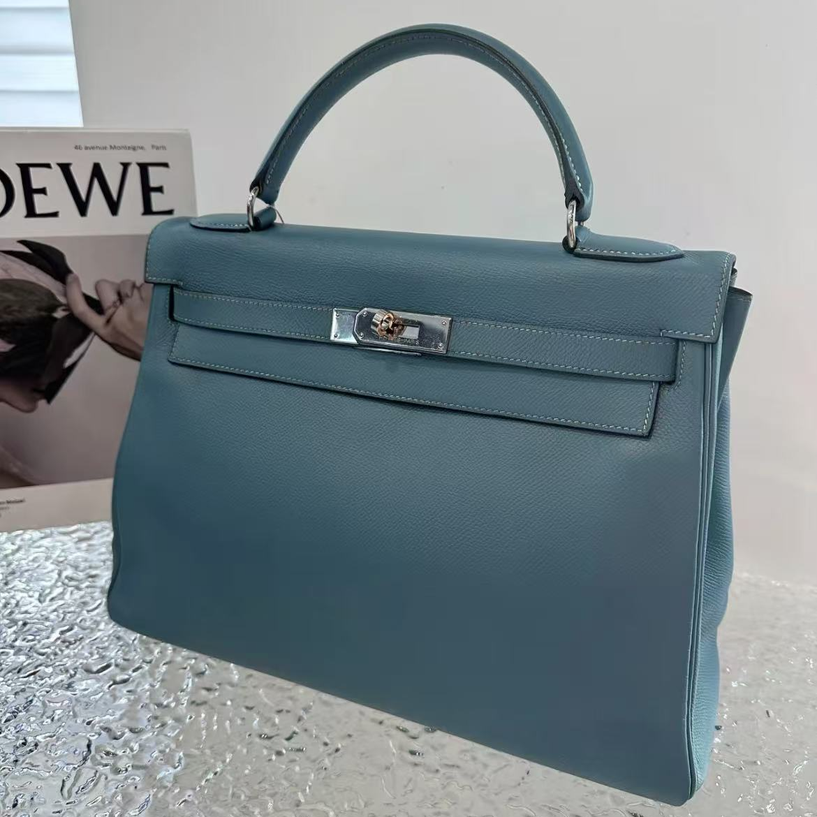 95新 Hermes/爱马仕 kelly32 牛仔蓝 银扣 E皮 肩带 锁具 框B刻