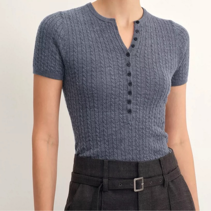 时尚半开扣亨利领修身显瘦麻花上衣