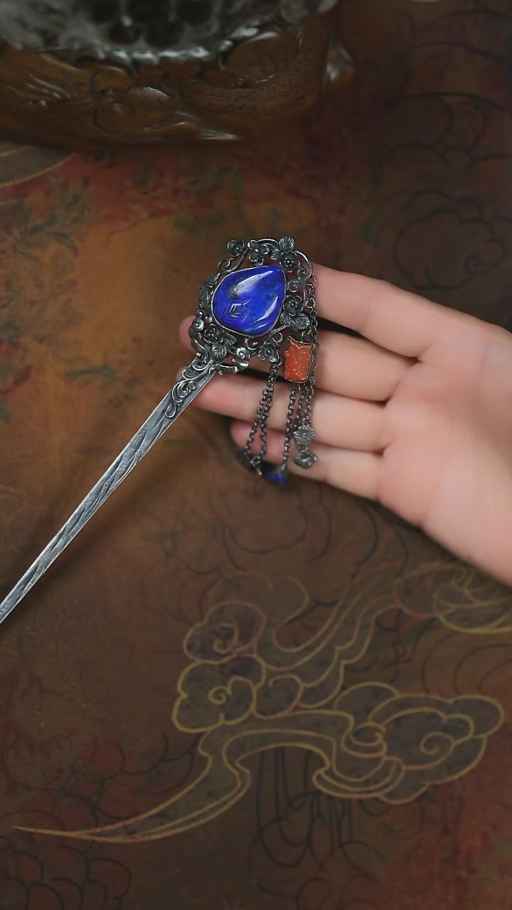 【闪购商品】青金石发簪银S925镶嵌仙桃