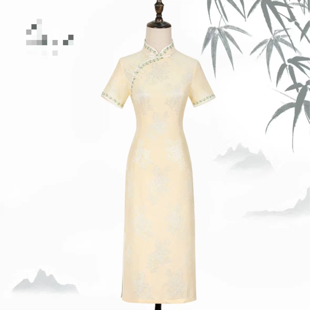 065-米白色 蕾丝小花包边 中长 旗袍