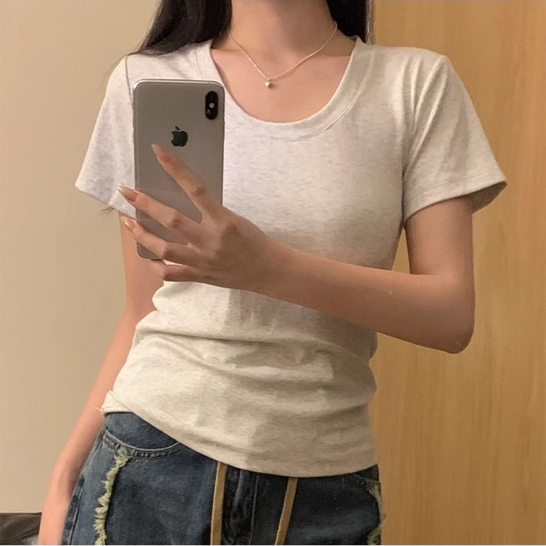 辣妹风上衣潮流U领美式正肩短袖T恤女夏季修身显瘦百搭不规则小众