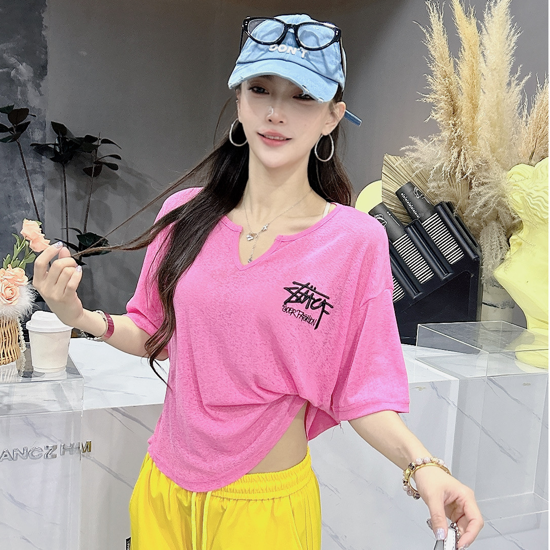 SE3877夏季新品竹节短袖T恤刺绣宽松短款时尚圆领显瘦百搭上衣