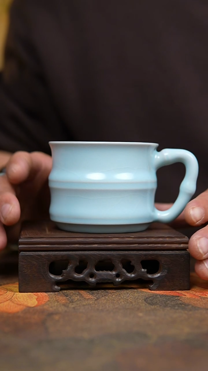 杯仿古月白精工竹节手把杯开片可养一级礼盒