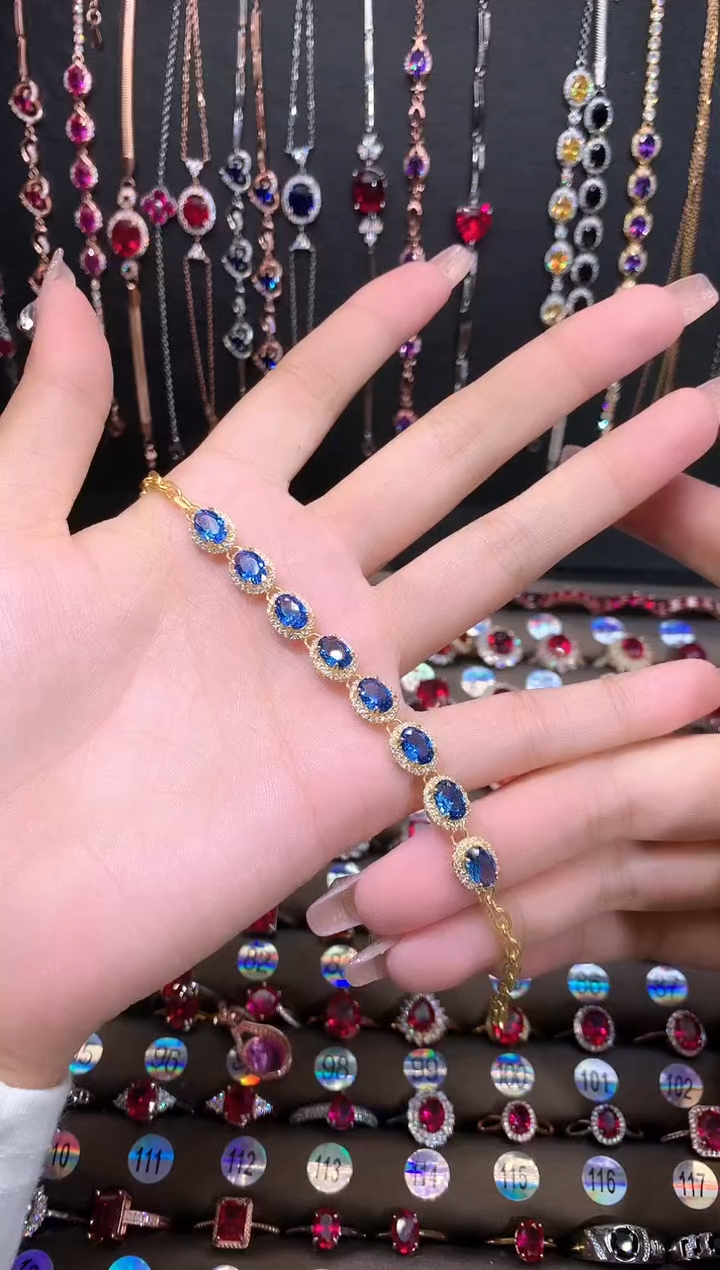 蓝宝石手链银S925镶嵌金色