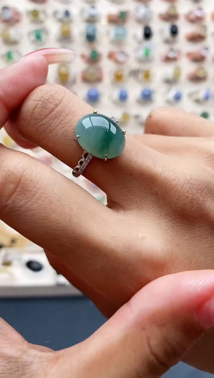 【闪购商品】翡翠戒指银S925镶嵌缅甸天然A货翡翠222  9+2