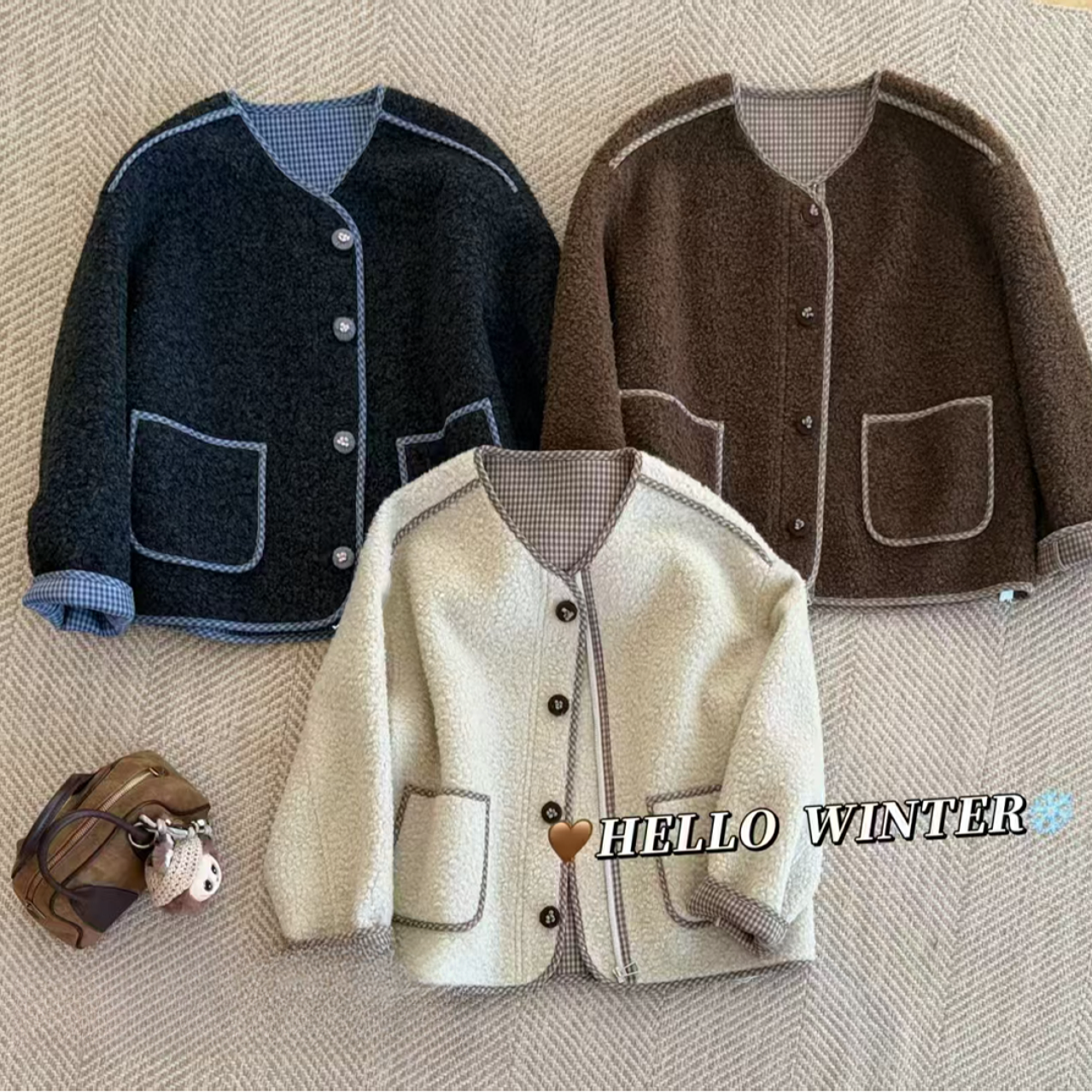 山本风圆领口袋皮毛一体羊羔毛外套带拉链#6608