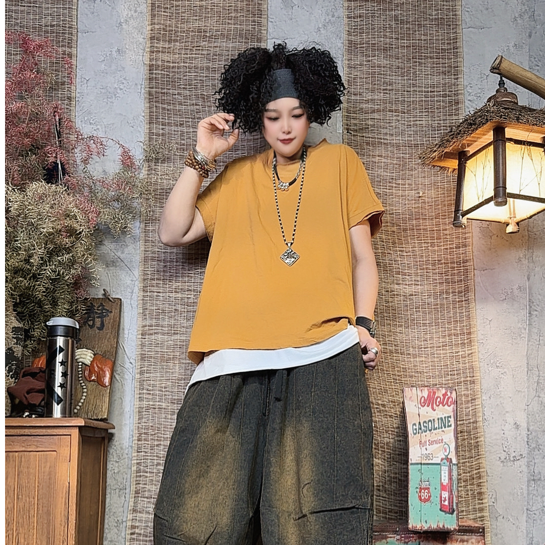 7696款夏季宽松休闲洋气潮流个性简约针织纯色T恤【衣长62胸围150】