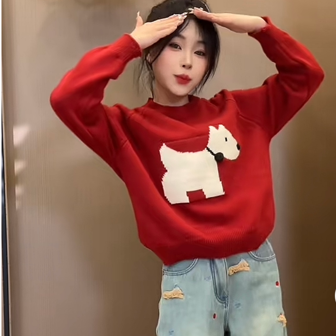 慵懒风提花套头卡通小狗秋冬冬季韩版时尚打底毛衣宽松针织衫上衣