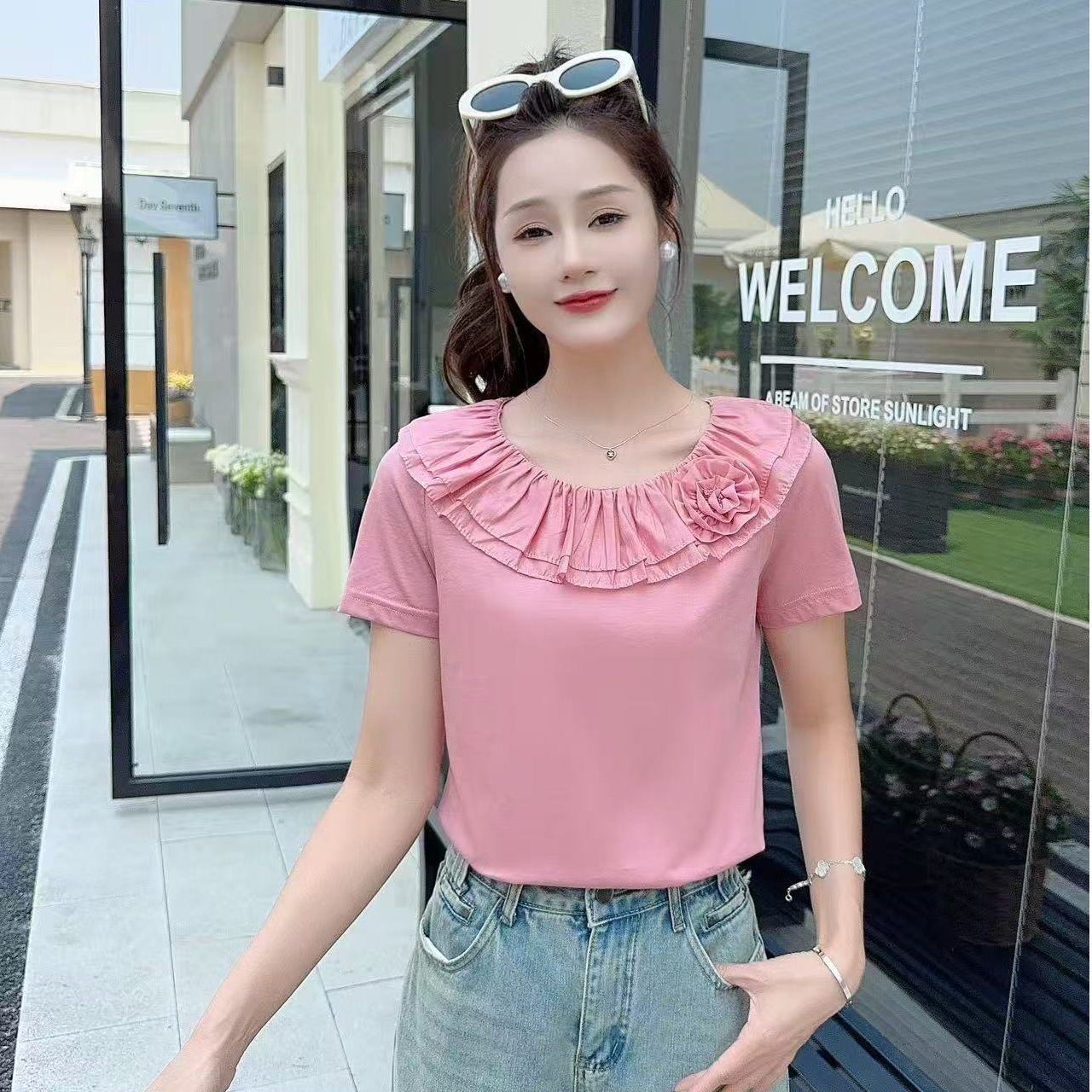 短袖荷叶宽松荷叶边圆领夏季T恤减龄设计感显瘦气质荷叶边上衣