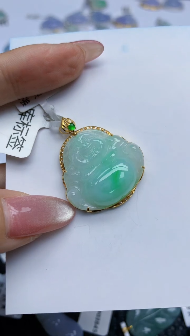 【闪购商品】翡翠挂件18K金镶嵌天然翡翠A货