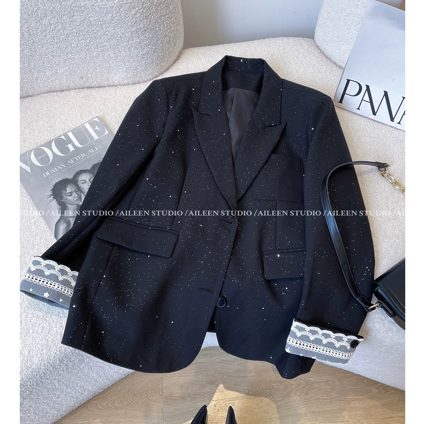 蕾丝西装外套女宽松2025春装新款韩国东大门单排扣黑色小西服上衣