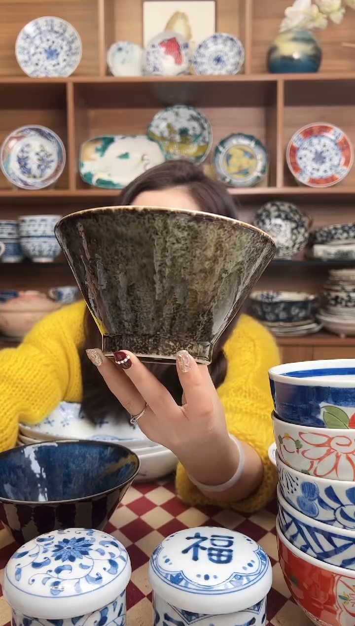 【闪购商品】瓷片窑变绿16cm斗笠面碗   