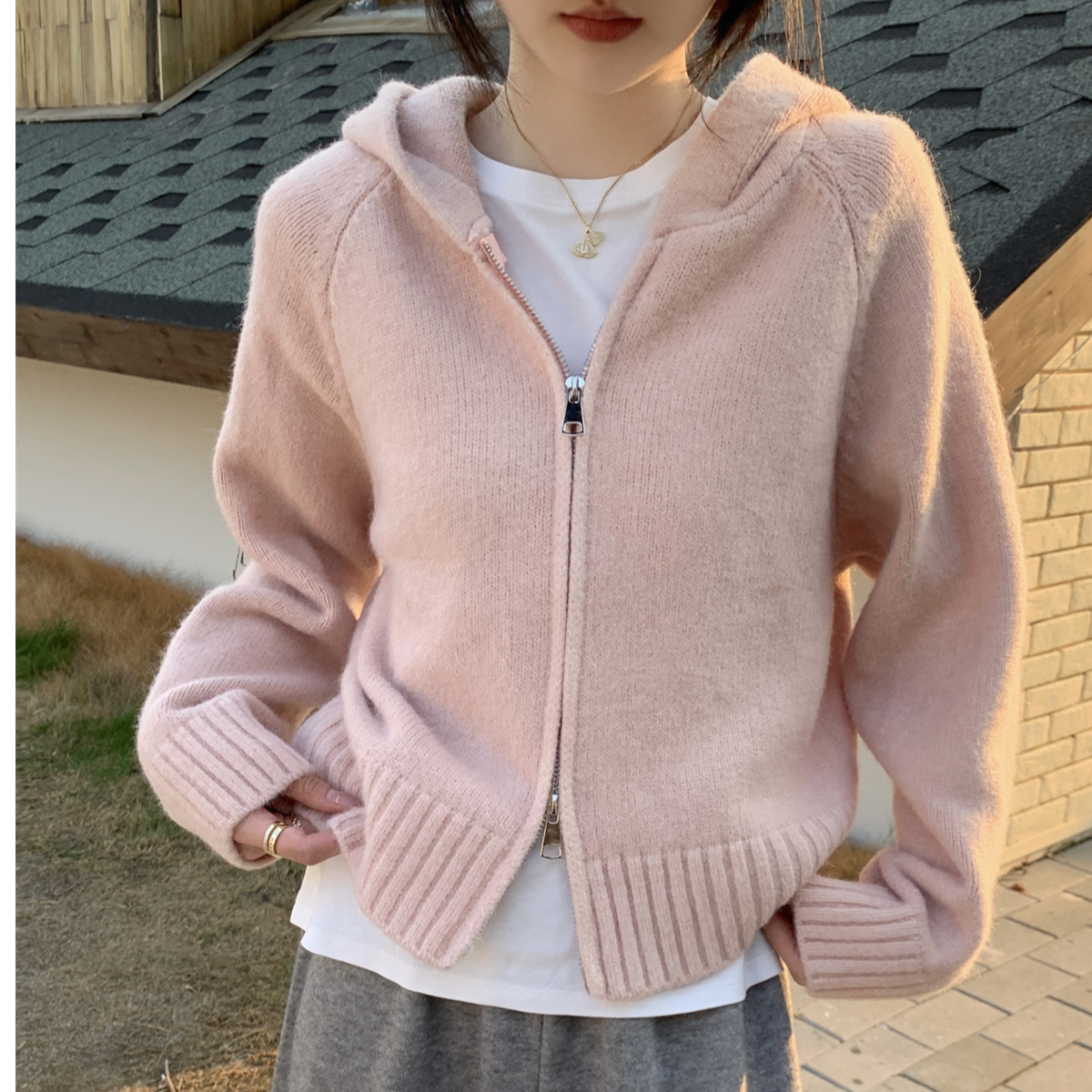 纯色连帽卫衣针织开衫毛衣女春秋冬设计感时尚打底外套