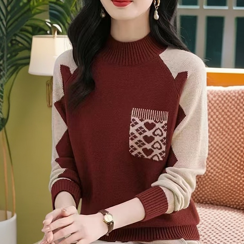 秋冬新款拼接假口袋针织衫时尚洋气宽松韩版半高领加厚圆领套头女